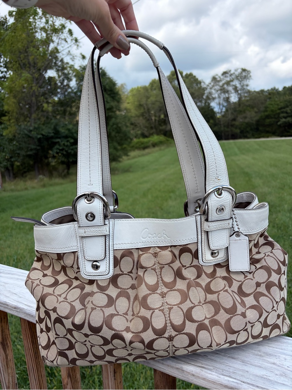Vintage Soho Coach Shoulder Bag Canvas Brown Cream Signature Y2K Hang Tag